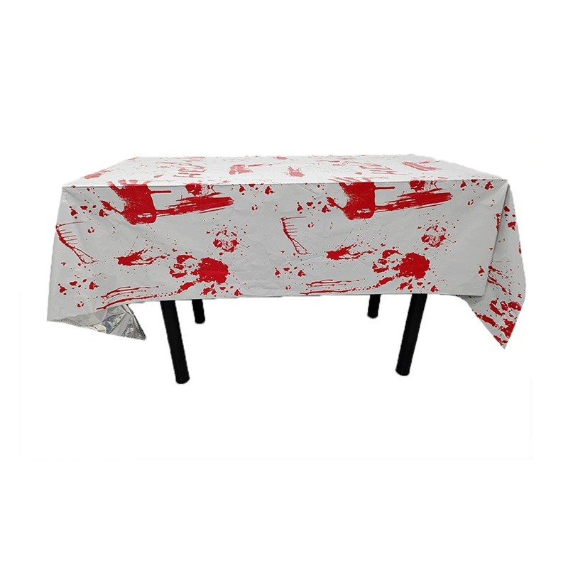 Fata de Masa, , din Folie, Imprimeu Halloween - Help Me, 137 x 274 cm, Alb/Rosu