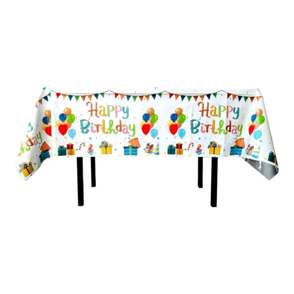 Fata de Masa, , din Folie, Imprimeu Happy Birthday cu Baloane, 137 x 183 cm, Alb