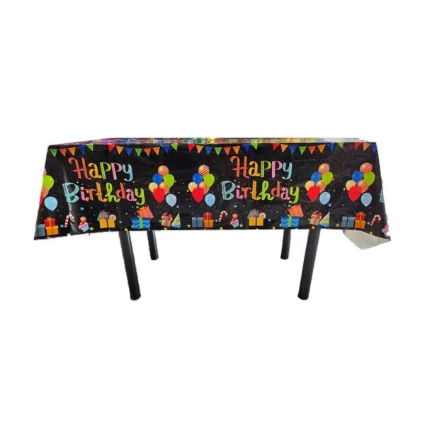 Fata de Masa, , din Folie, Imprimeu Happy Birthday cu Baloane, 137 x 183 cm, Negru