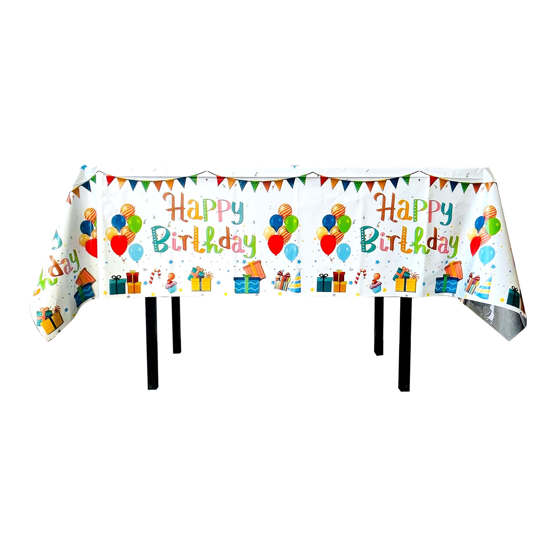 Fata de Masa, , din Folie, Imprimeu Happy Birthday cu Baloane, 137 x 274 cm, Alb