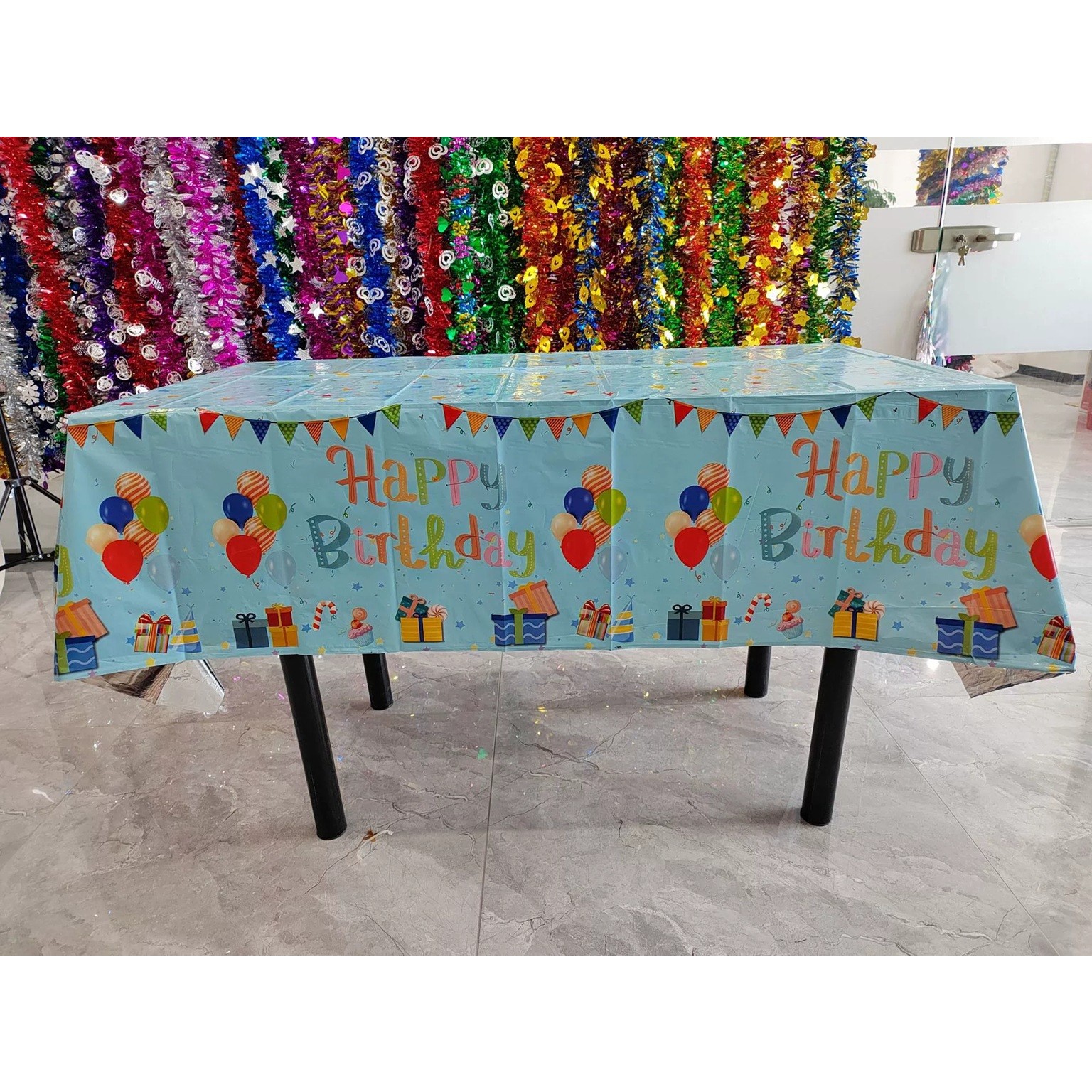 Fata de Masa, , din Folie, Imprimeu Happy Birthday cu Baloane, 137 x 274 cm, Albastru - imagine 3