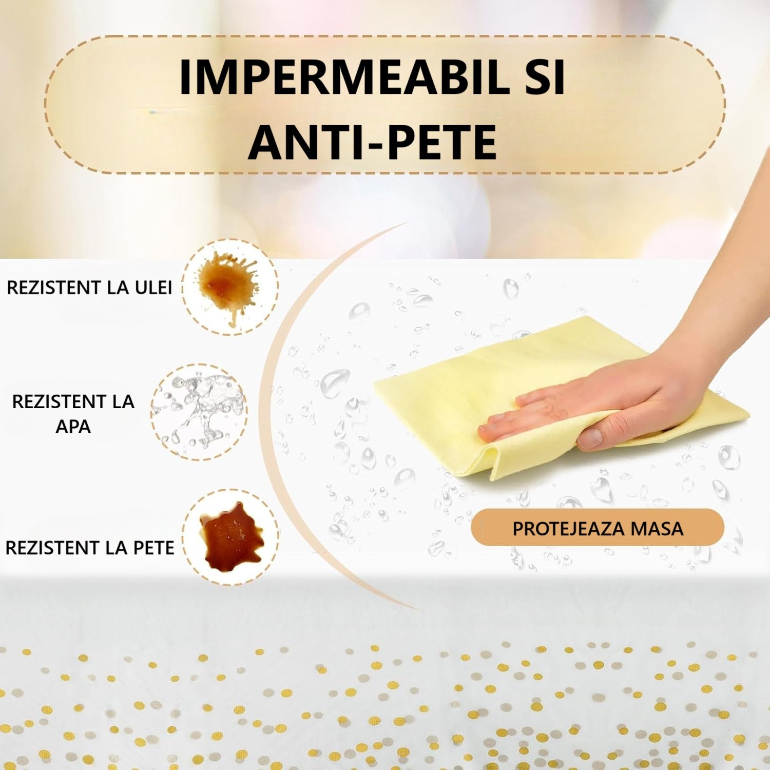 Fata de Masa, , din PEVA, Imprimeu Buline, 137 x 274 cm, Impermeabila, Fara Pete, Curatare Rapida, Crem - imagine 4