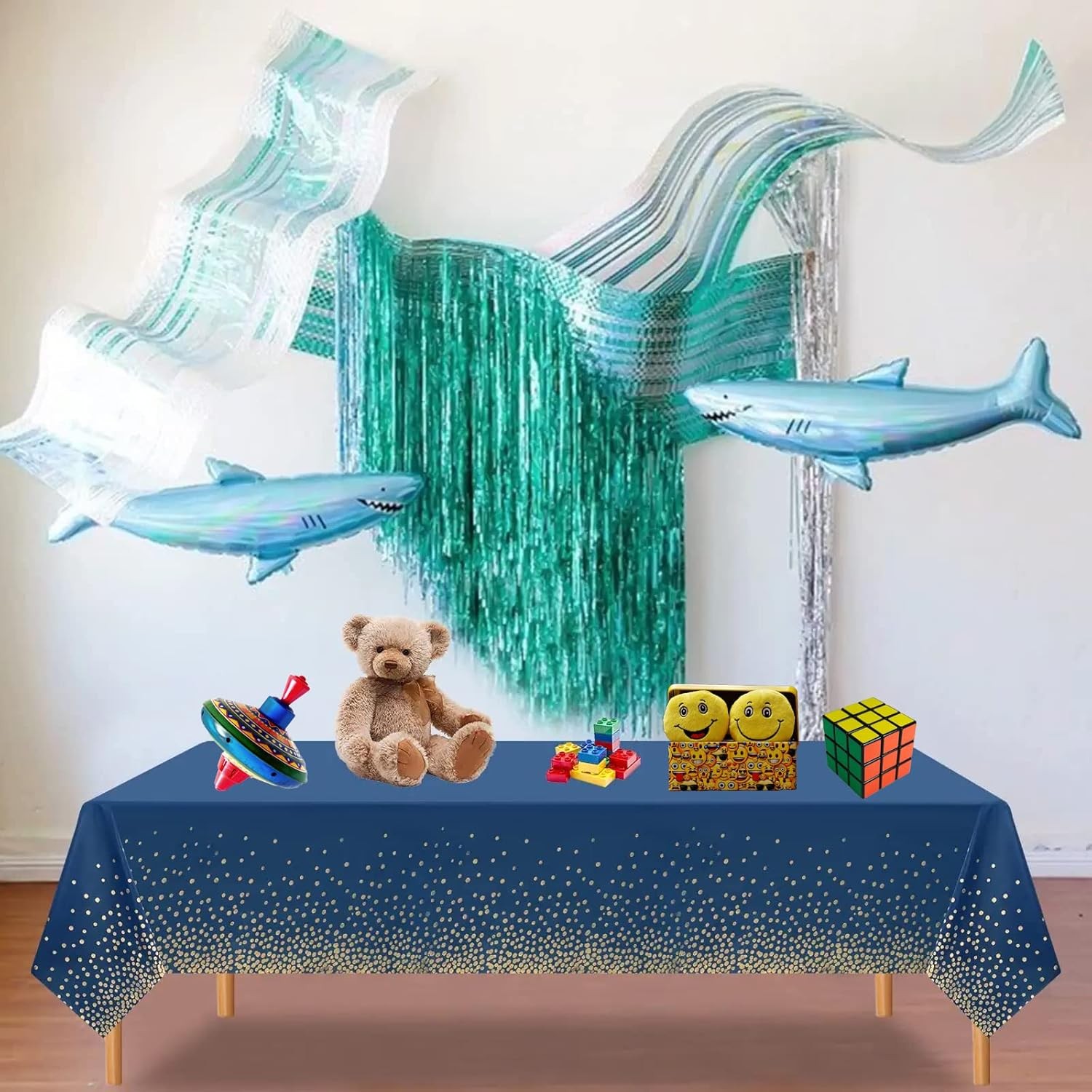 Fata de Masa, , din PEVA, Imprimeu Buline Aurii, 137 x 274 cm, Impermeabila, Fara Pete, Curatare Rapida, Albastru Inchis - imagine 4
