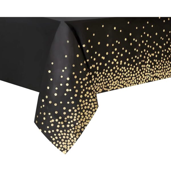Fata de Masa, , din PEVA, Imprimeu Buline Aurii, 137 x 274 cm, Impermeabila, Fara Pete, Curatare Rapida, Negru