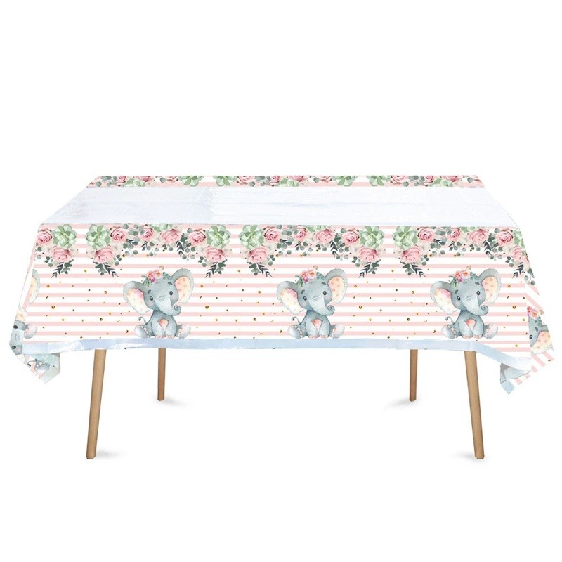 Fata de Masa, , din Plastic, Imprimeu Elefanti, 180 x 108 cm, Roz