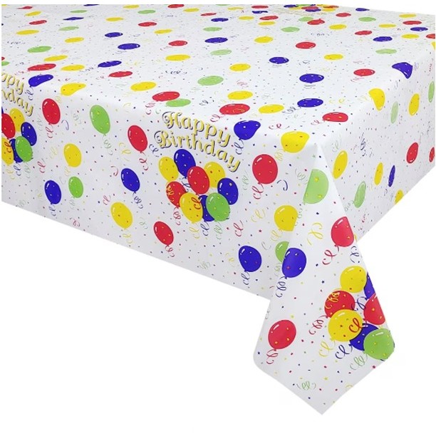 Fata de Masa, , din PEVA, Imprimeu Happy Birthday cu Baloane, 137 x 274 cm, Impermeabila, Fara Pete, Curatare Rapida, Multicolor