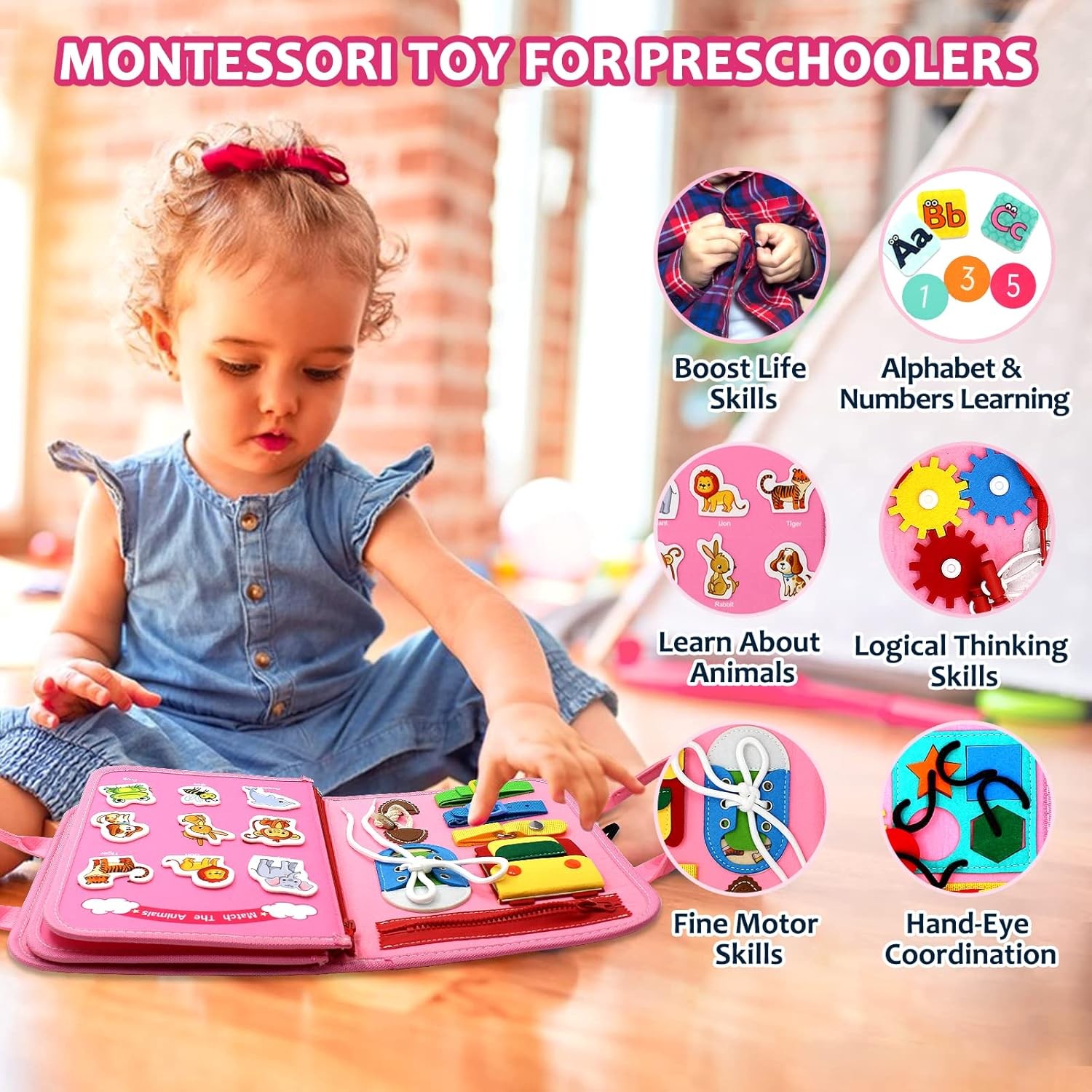 Carte Senzoriala Educativa Montessori 7in1, , 26 de Activitati, Dezvoltare Abilitati Motorii, 4 Pagini, Model Dinozauri, 28x22x7 cm, Roz - imagine 2