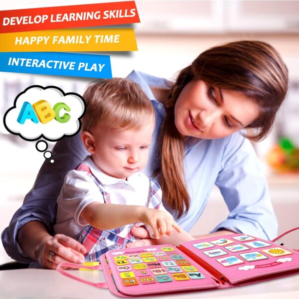 Carte Senzoriala Educativa Montessori 7in1, , 26 de Activitati, Dezvoltare Abilitati Motorii, 4 Pagini, Model Dinozauri, 28x22x7 cm, Roz - imagine 3