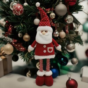 Figurina Decorativa, Pentru Craciun, , Mos Craciun, Picioare Telescopice, Inaltime Reglabila 44-54cm, Caciula cu Inimioare, Alb/Rosu