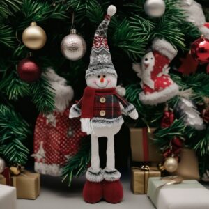 Figurina Decorativa, Pentru Craciun, , Om de Zapada, Picioare Telescopice, Inaltime Reglabila 44-54cm, Caciula cu Fugi, Rosu/Gri