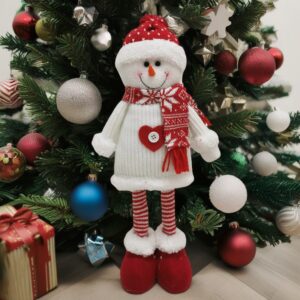 Figurina Decorativa, Pentru Craciun, , Om de Zapada, Picioare Telescopice, Inaltime Reglabila 44-54cm, Caciula cu Inimioare, Alb/Rosu