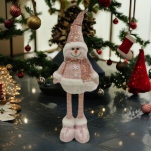 Figurina Decorativa, Pentru Craciun, , Om de Zapada, Picioare Telescopice, Inaltime Reglabila 44-54cm, Caciula cu Paiete, Roz