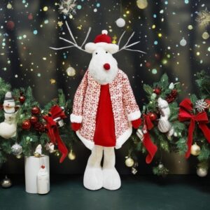 Figurina Decorativa, Pentru Craciun, , Ren, Picioare Telescopice, Inaltime Reglabila 42 - 80 cm, cu Haina, Alb/Rosu