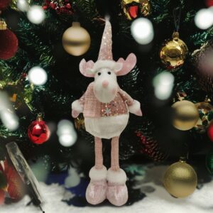 Figurina Decorativa, Pentru Craciun, , Ren, Picioare Telescopice, Inaltime Reglabila 44-54cm, Bluza cu Paiete, Roz