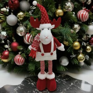 Figurina Decorativa, Pentru Craciun, , Ren, Picioare Telescopice, Inaltime Reglabila 44-54cm, Caciula cu Inimioare, Alb/Rosu