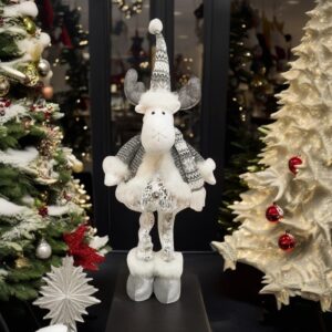 Figurina Decorativa, Pentru Craciun, , Ren, Picioare Telescopice, Inaltime Reglabila 52- 82 cm, Pantaloni Luciosi, Alb/Argintiu