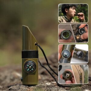 Kit supravieturie , Fluier multifunctional 7 in 1, pentru drumetii, hiking, lupa, fluier, termometru, depozitare pastile, busola, din material ABS, cu snur,  9,7 x 2,8 cm, verde