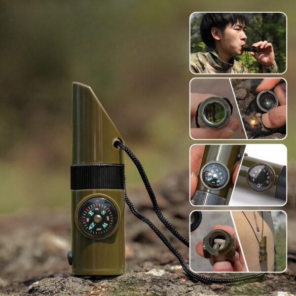 Kit supravieturie , Fluier multifunctional 7 in 1, pentru drumetii, hiking, lupa, fluier, termometru, depozitare pastile, busola, din material ABS, cu snur,  9,7 x 2,8 cm, verde
