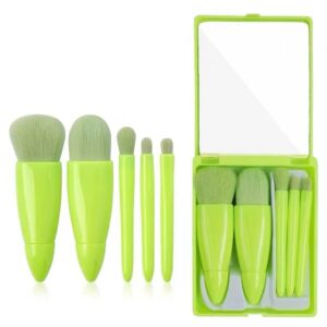 Set 5 Mini Pensule de Machiaj, , Portabile, in Carcasa cu Oglinda, din Par Sintetic Moale, Verde Lime, 12x7x2.5 cm