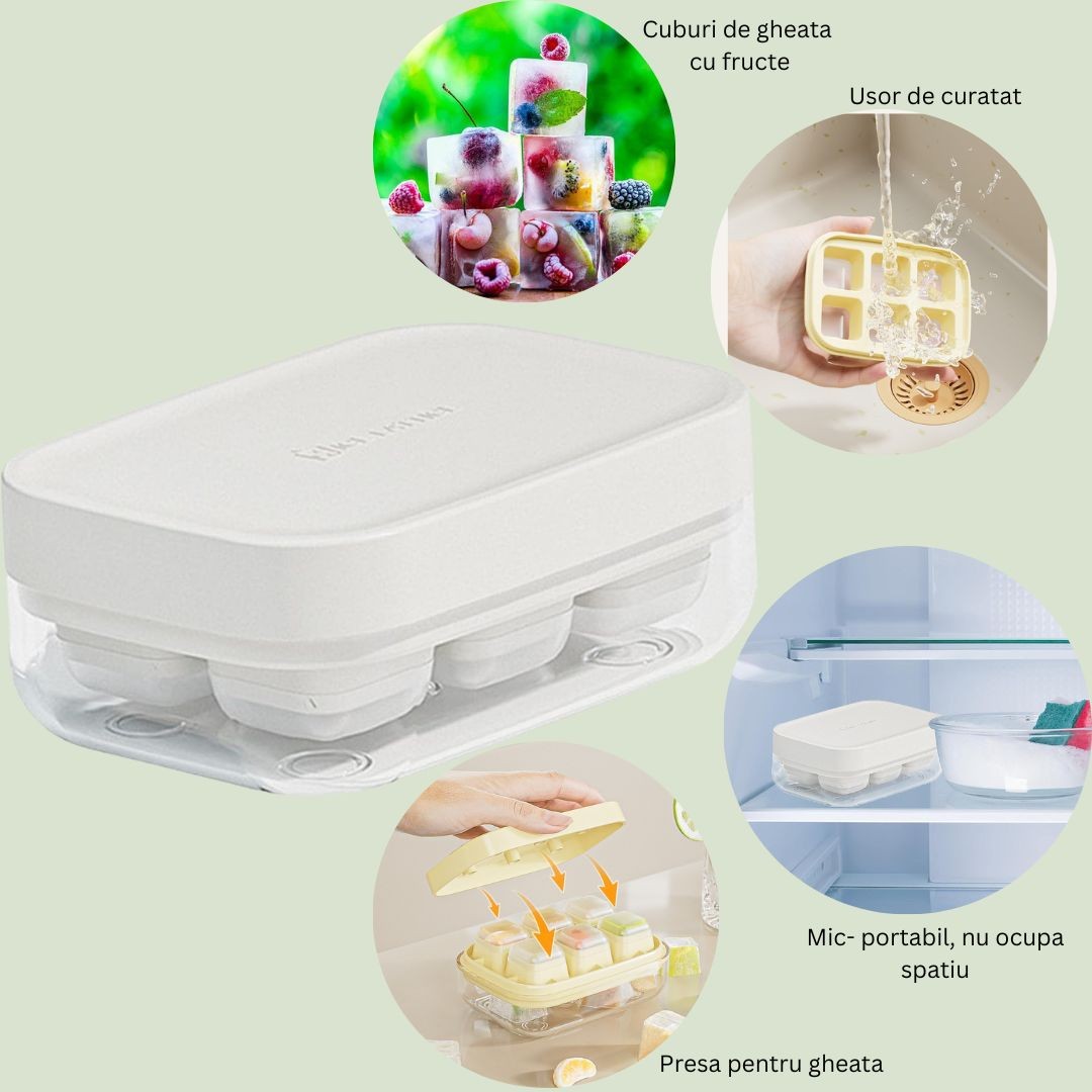 Forma pentru gheata cu presa , din silicon alimentar, 6 cuburi, caserola pentru depozitare, usor de folosit si curatat, 10.5 x 7.5 x 4.1 cm, alb - imagine 3