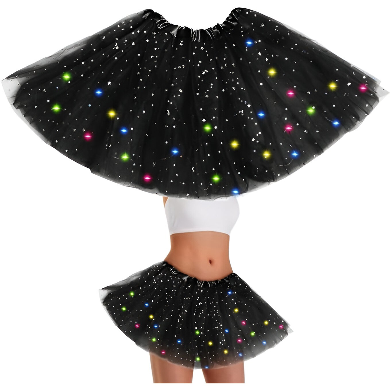 Fusta LED pentru Copii, , Tutu de Balet pentru Fetite cu Luminite Multicolore Incorporate, Model Stelute, 30 cm Lungime, Negru - imagine 3