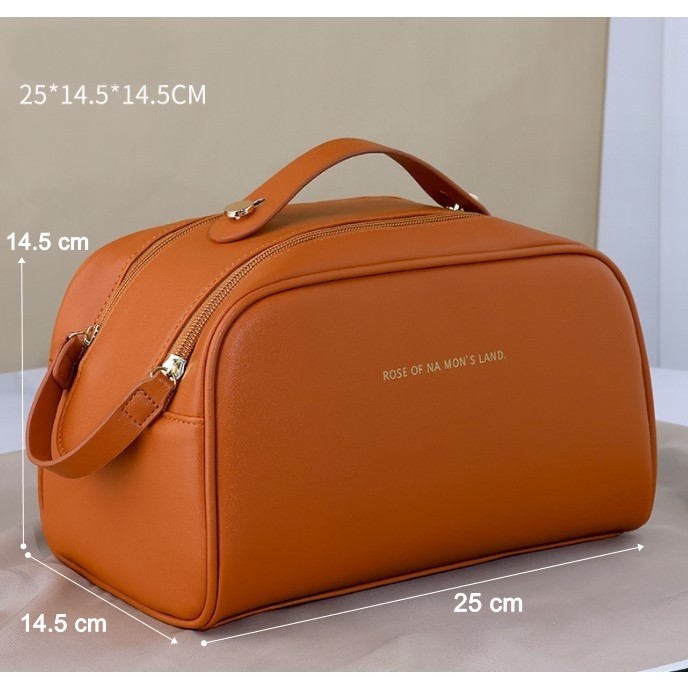 Geanta cosmetice pentru femei , material poliuretan, 25 x 14.5 x 14.5 cm, Impermeabila, Maro - imagine 2