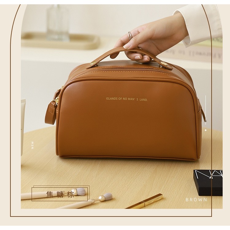 Geanta cosmetice pentru femei , material poliuretan, 25 x 14.5 x 14.5 cm, Impermeabila, Maro - imagine 3