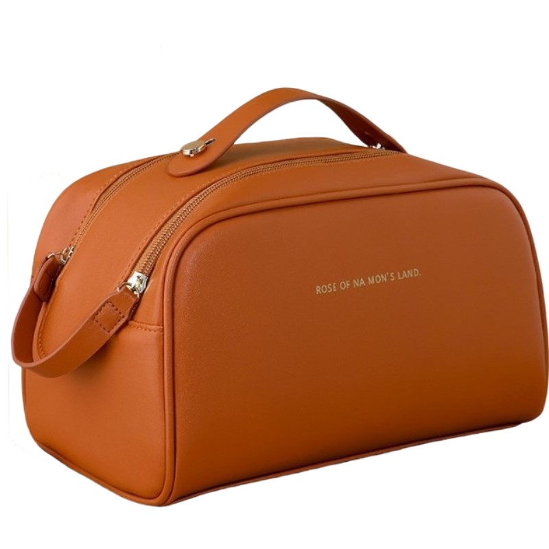 Geanta cosmetice pentru femei , material poliuretan, 25 x 14.5 x 14.5 cm, Impermeabila, Maro