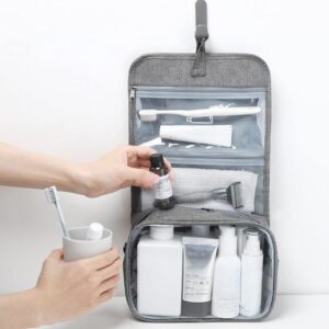 Geanta cosmetice voiaj, , material panza, impermeabil, 3 compartimente, cu agatatoare, Gri, 47 x 28 x 20   cm