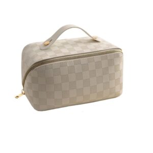 Geanta de Calatorie , Pentru Cosmetice, Portabila, Impermeabila, din Piele Ecologica, Compartimente Multiple, cu Fermoar, 22 x 13 x 12.5 cm, In Carouri, Alb