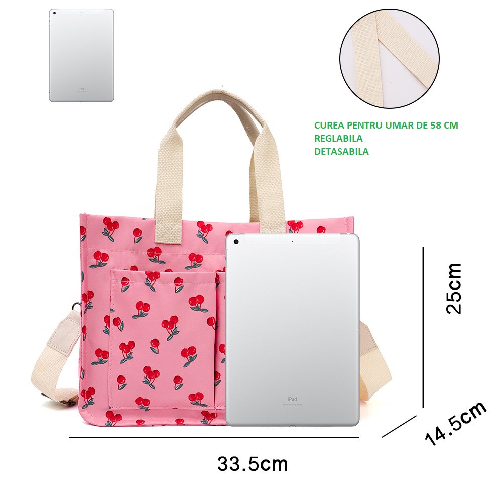 Geanta de Mana/Umar, Multifunctionala, , Inchidere cu Capsa, Imprimeu Cirese, Material Textil, 33.5 x 25 x 14.5 cm, Roz - imagine 3
