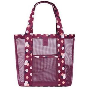 Geanta de Plaja, , din Plasa Transparenta, Imprimeu Floral, 43 x 10 x 33 cm, Model pentru Umar, Lungime Inferioara 33 cm, Burgundy