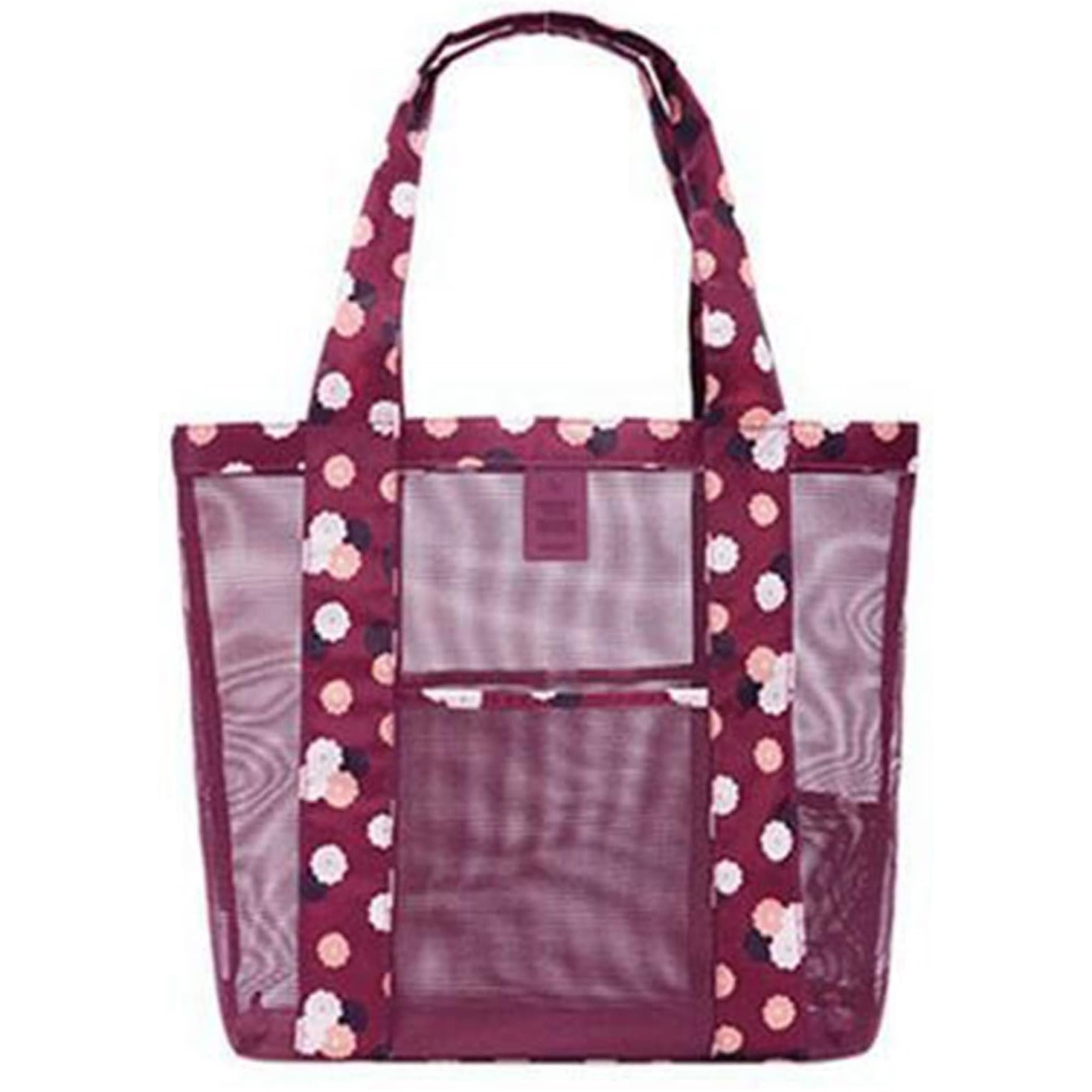 Geanta de Plaja, , din Plasa Transparenta, Imprimeu Floral, 43 x 10 x 33 cm, Model pentru Umar, Lungime Inferioara 33 cm, Burgundy