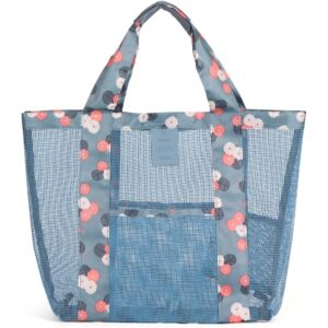 Geanta de Plaja, , din Plasa Transparenta, Imprimeu Floral, 43 x 10 x 33 cm, Model pentru Umar, Lungime Inferioara 33 cm, Albastru