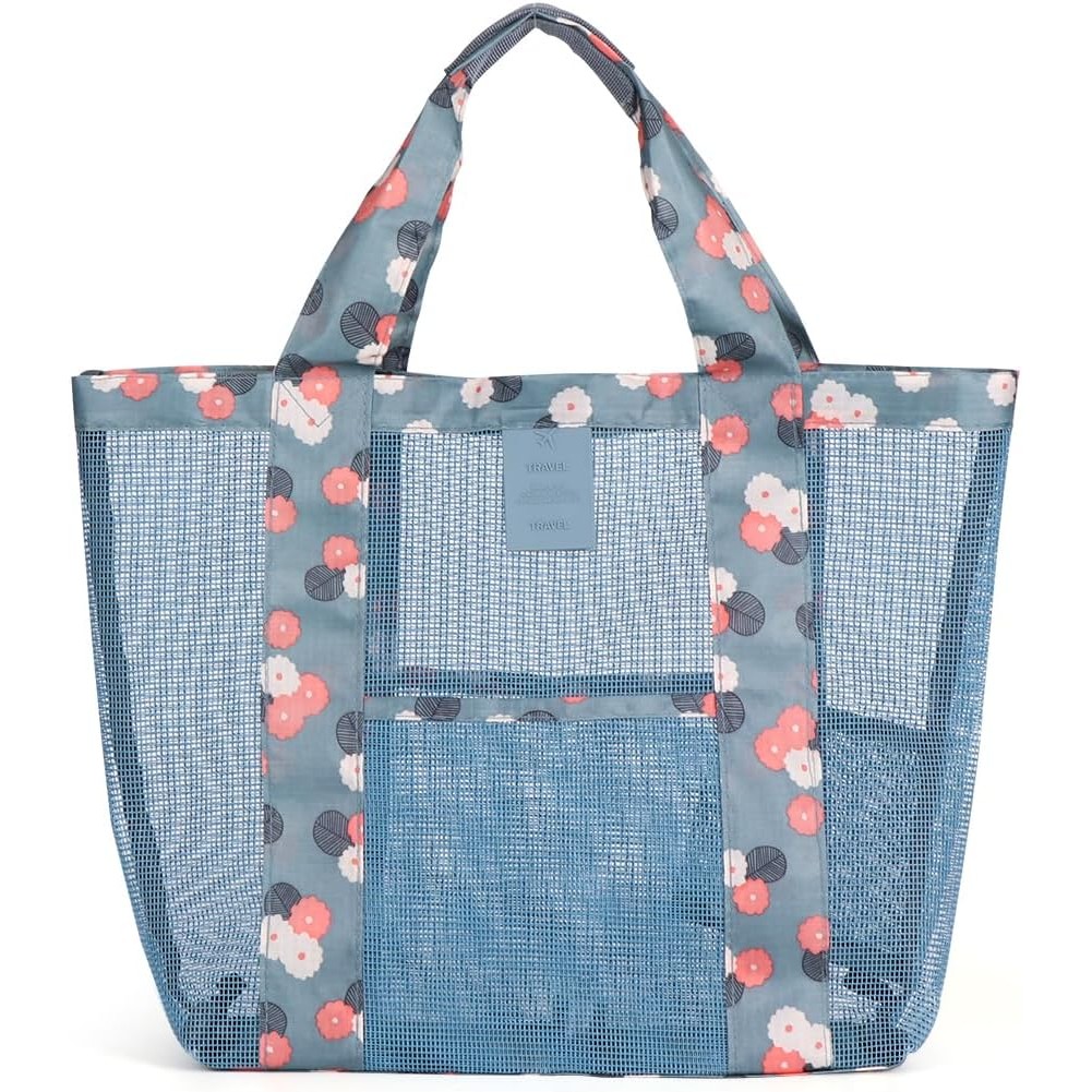 Geanta de Plaja, , din Plasa Transparenta, Imprimeu Floral, 43 x 10 x 33 cm, Model pentru Umar, Lungime Inferioara 33 cm, Albastru