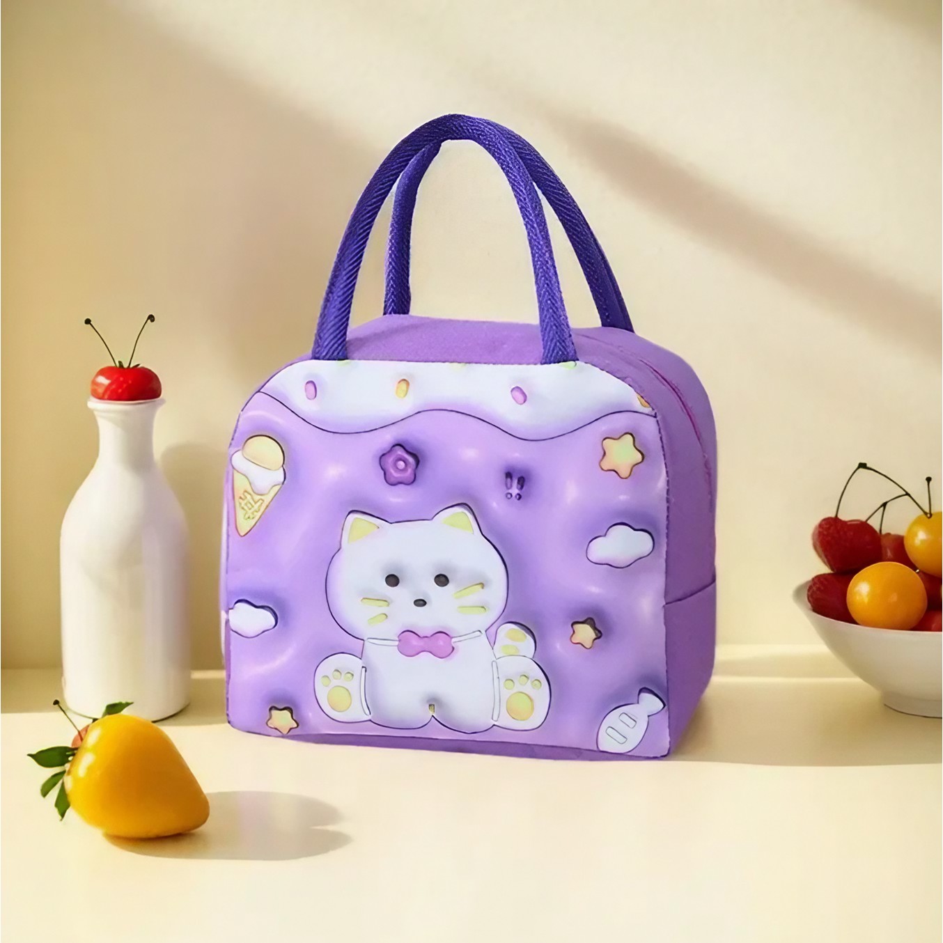 Geantă Frigorifică, , cu Desene Animate 3D, Portabilă pentru Copii, de Prânz, din Pânză Oxford, 23x13x19 cm, Model Pisicuta, Mov - imagine 3