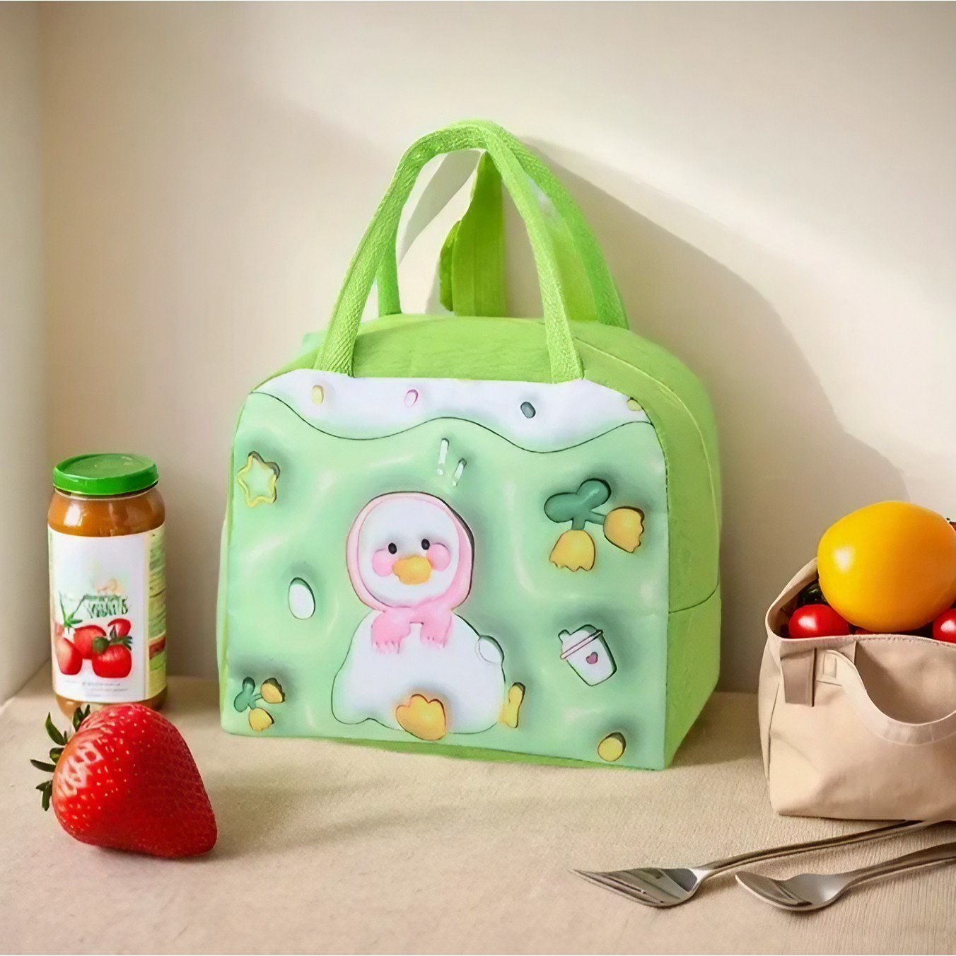 Geantă Frigorifică, , cu Desene Animate 3D, Portabilă pentru Copii, de Prânz, din Pânză Oxford, 23x13x19 cm, Model Ratusca, Verde - imagine 3