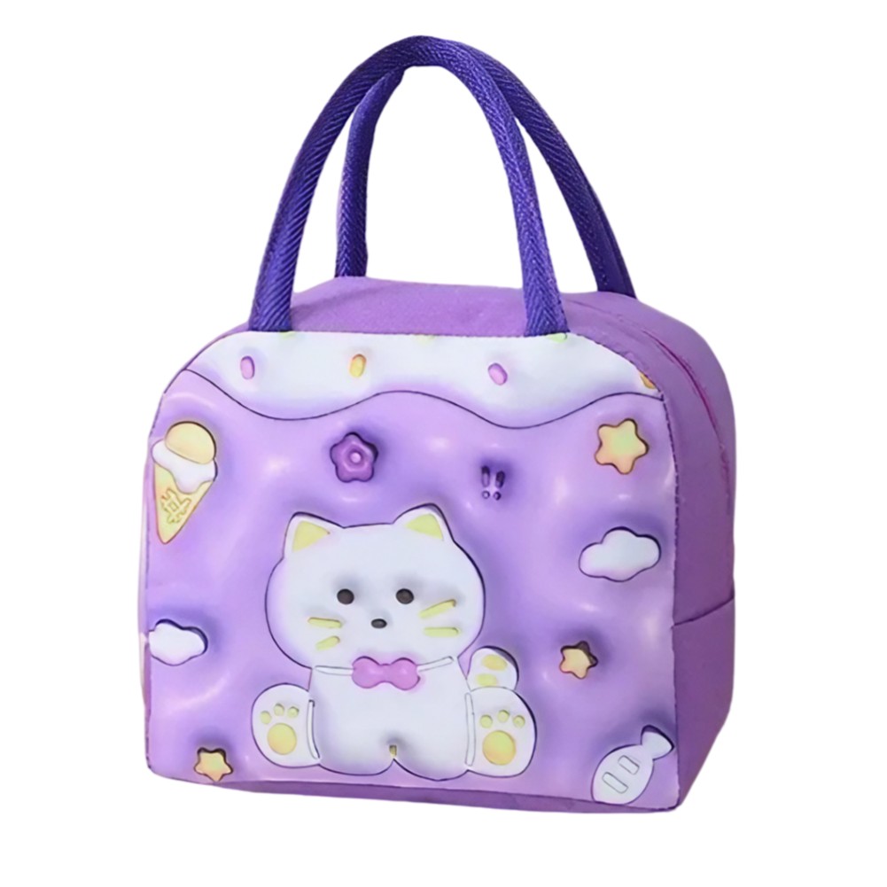 Geantă Frigorifică, , cu Desene Animate 3D, Portabilă pentru Copii, de Prânz, din Pânză Oxford, 23x13x19 cm, Model Pisicuta, Mov