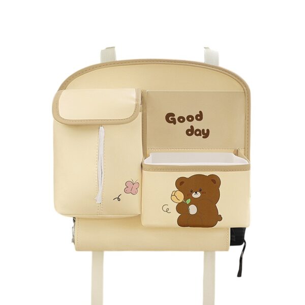 Geanta Multifunctionala de Depozitare, , pentru Bancheta din Spate a Masinii, Animat, Model Ursuleti, Scris Good Day, Suport Servetele si Telefon, 25x31 cm, Bej