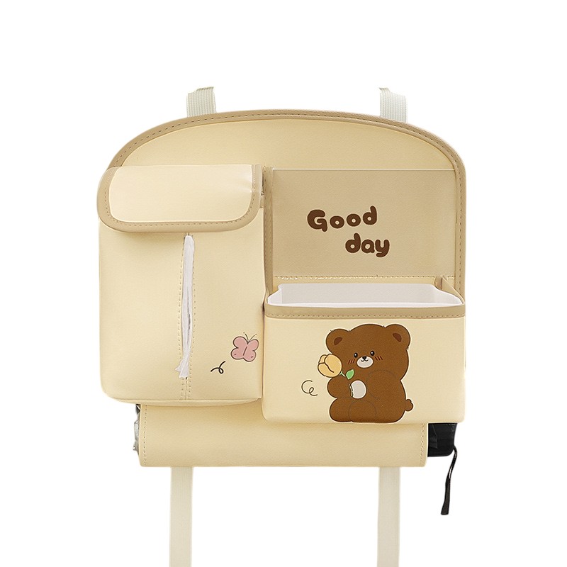 Geanta Multifunctionala de Depozitare, , pentru Bancheta din Spate a Masinii, Animat, Model Ursuleti, Scris Good Day, Suport Servetele si Telefon, 25x31 cm, Bej