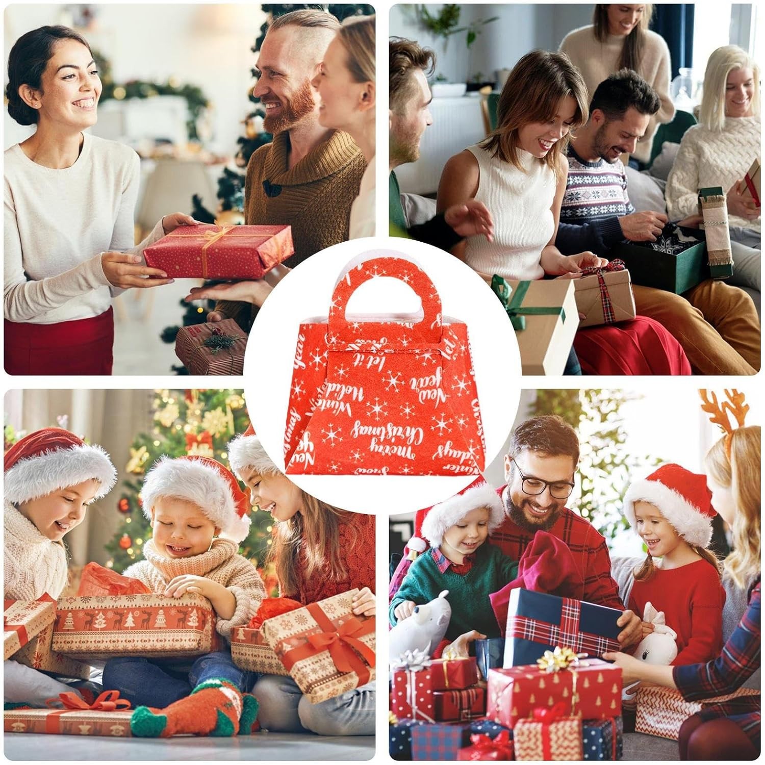 Geanta pentru Copii, , Pliabila, pentru Cadouri de Craciun, din Panza Netesuta, Merry Christmas, 13 x 12 x 6 cm, Rosu - imagine 2