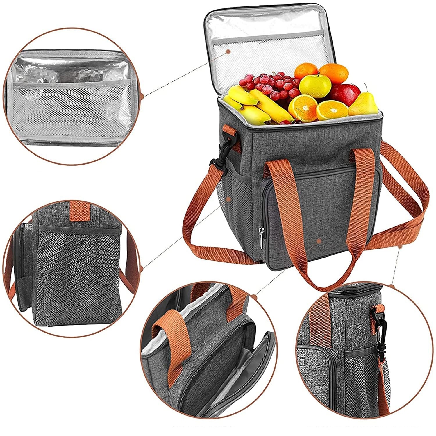 Geanta Termo-Izolanta, , Multifunctionala, 1 Compartiment Principal, 1 Buzunar Lateral Exterior, Impermeabila, Manere si Bretea de Umar, 25x22x15 cm, Gri - imagine 2