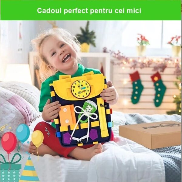 Ghiozdan Montessori, , pentru Copii 2-6 ani, Fidget Pop, cu Catarame si Fermoare, Jucarii Senzoriale, Activitate de Invatare prin Joc, Albastru Marin, 0.25 kg, 28x10x23 cm - imagine 2