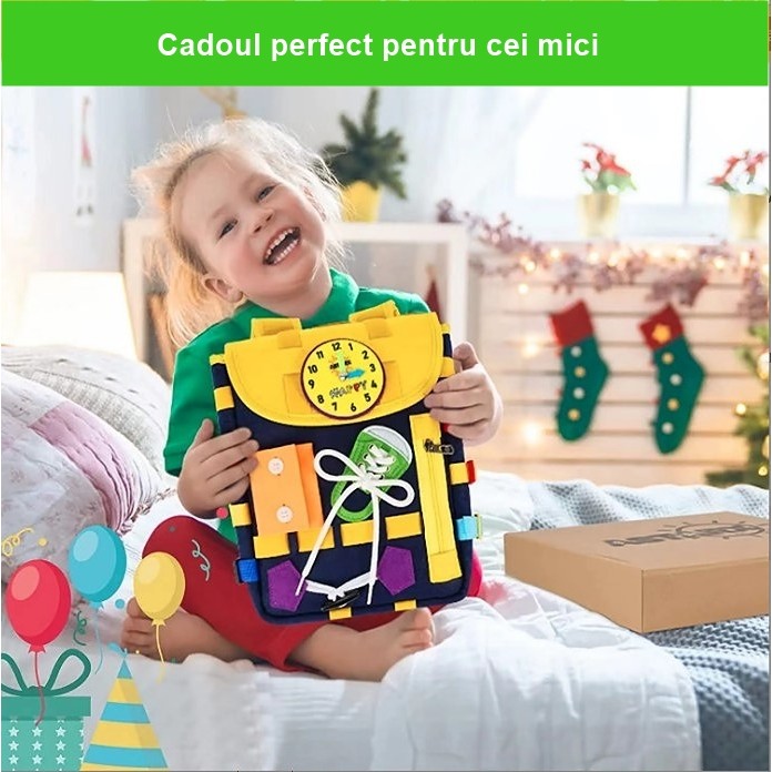 Ghiozdan Montessori, , pentru Copii 2-6 ani, Fidget Pop, cu Catarame si Fermoare, Jucarii Senzoriale, Activitate de Invatare prin Joc, Albastru Marin, 0.25 kg, 28x10x23 cm - imagine 2