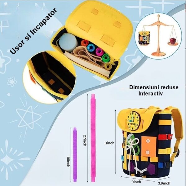 Ghiozdan Montessori, , pentru Copii 2-6 ani, Fidget Pop, cu Catarame si Fermoare, Jucarii Senzoriale, Activitate de Invatare prin Joc, Albastru Marin, 0.25 kg, 28x10x23 cm - imagine 3