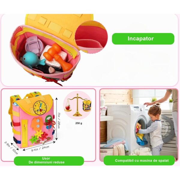 Ghiozdan Montessori, , pentru Copii 2-6 ani, Fidget Pop, cu Catarame si Fermoare, Jucarii Senzoriale, Activitate de Invatare prin Joc, Roz, 0.25 kg, 28x10x23 cm - imagine 3
