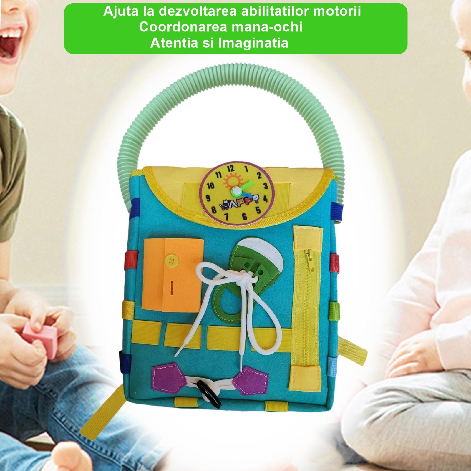 Ghiozdan Montessori, , pentru Copii 2-6 ani, Fidget Pop, cu Catarame si Fermoare, Jucarii Senzoriale, Activitate de Invatare prin Joc, Turcoaz, 0.25 kg, 28x10x23 cm - imagine 2
