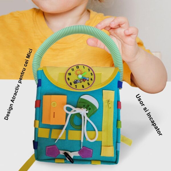 Ghiozdan Montessori, , pentru Copii 2-6 ani, Fidget Pop, cu Catarame si Fermoare, Jucarii Senzoriale, Activitate de Invatare prin Joc, Turcoaz, 0.25 kg, 28x10x23 cm - imagine 3