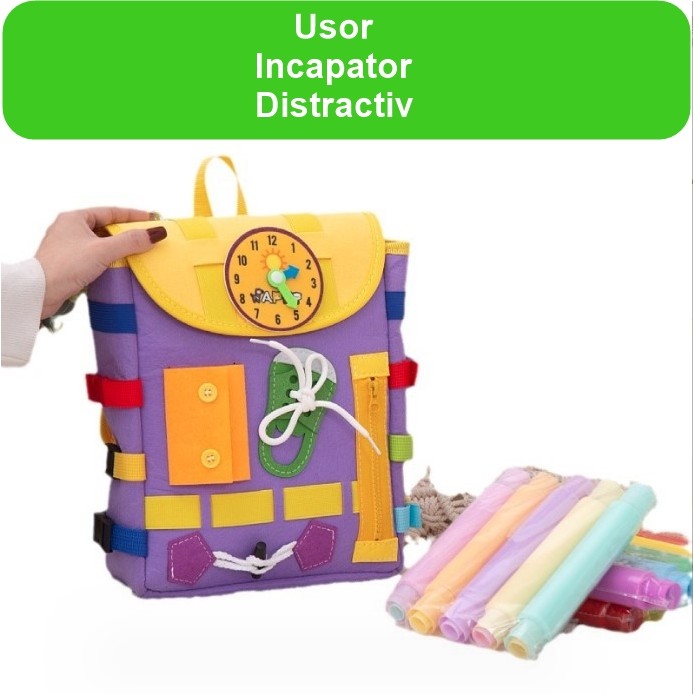 Ghiozdan Montessori, , pentru Copii 2-6 ani, Fidget Pop, cu Catarame si Fermoare, Jucarii Senzoriale, Activitate de Invatare prin Joc, Mov, 0.25 kg, 28x10x23 cm - imagine 2