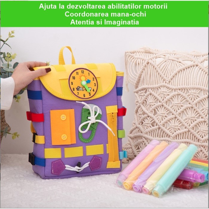 Ghiozdan Montessori, , pentru Copii 2-6 ani, Fidget Pop, cu Catarame si Fermoare, Jucarii Senzoriale, Activitate de Invatare prin Joc, Mov, 0.25 kg, 28x10x23 cm - imagine 3